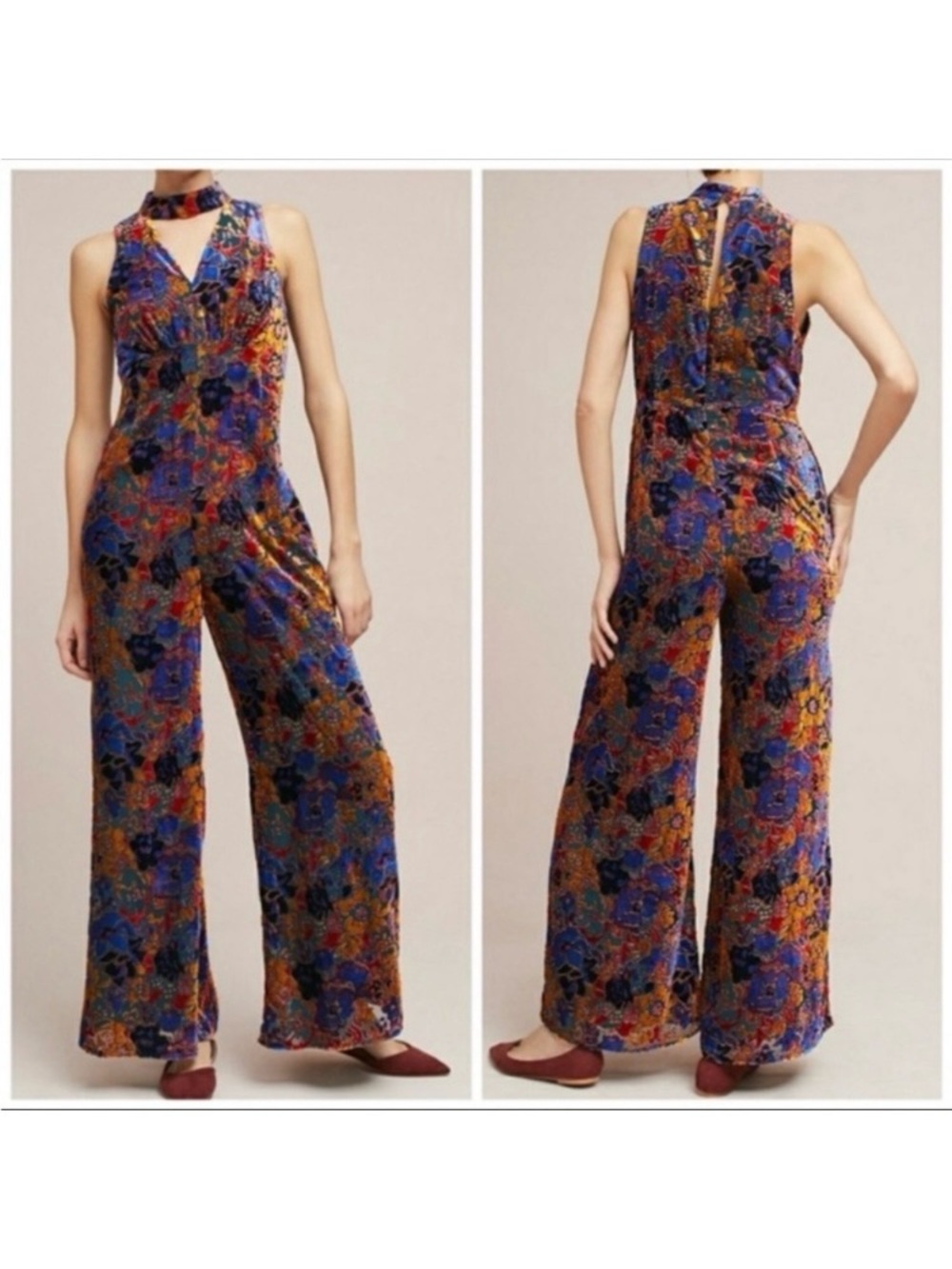 Anthropologie Maeve Ava Jumpsuit size 10 US Wide Leg Burnout Velvet